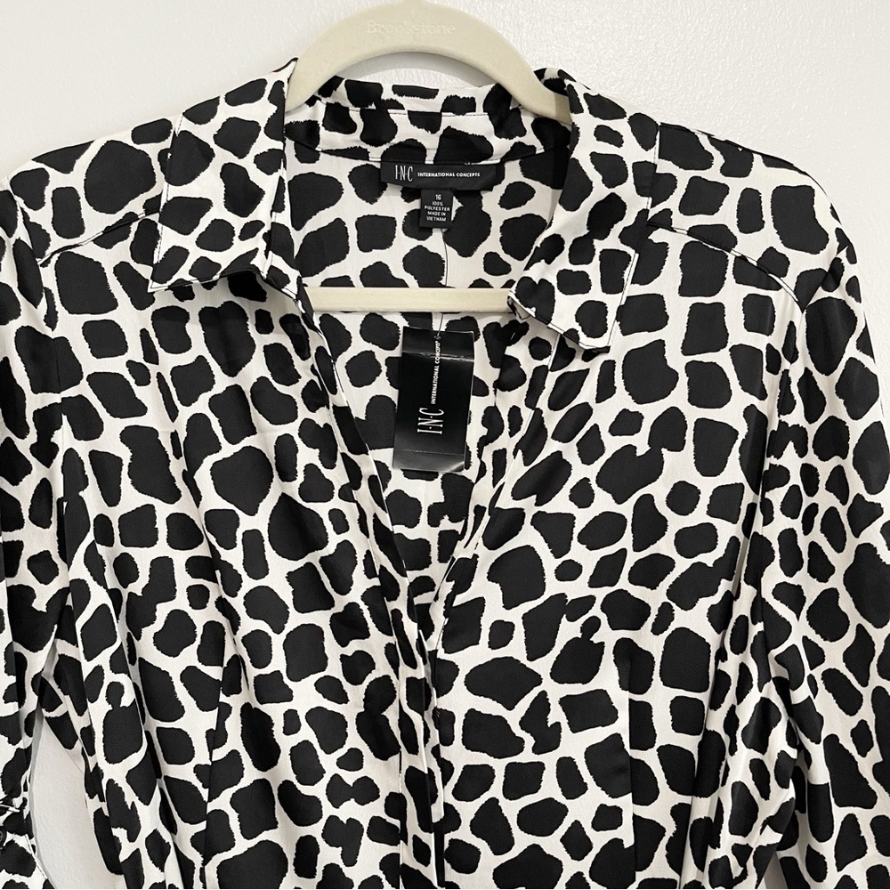 NWT INC Animal-Print Maxi Shirtdress Black White Belt Collar 3/4 Sleeve Size 16 - Picture 6 of 10